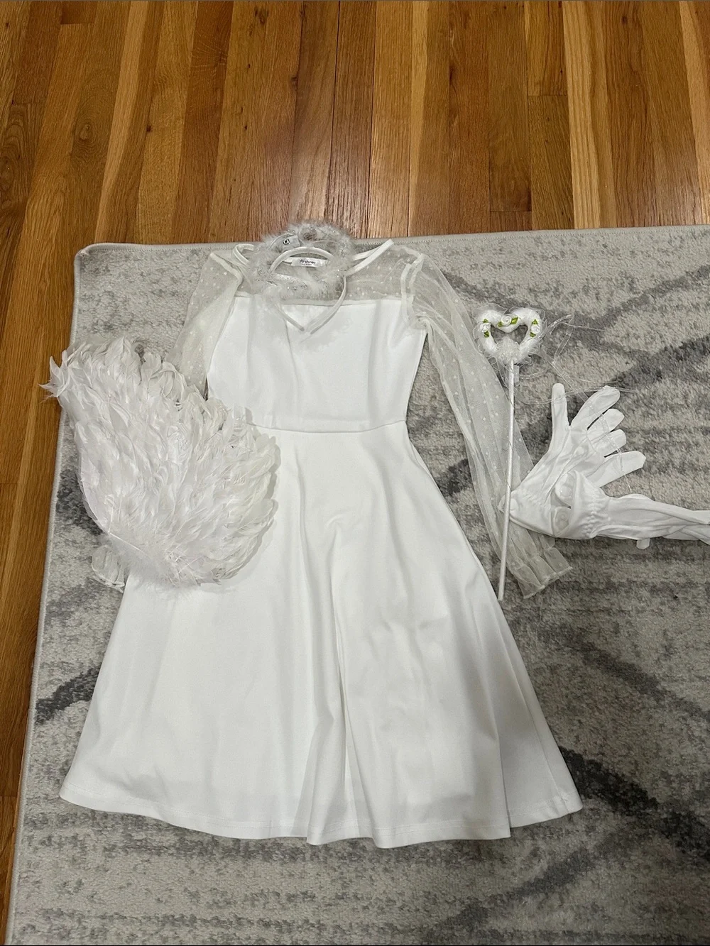 Angel Halloween White Long-Sleeve Kids Costume Dress with Sheer Polka-Sleeves